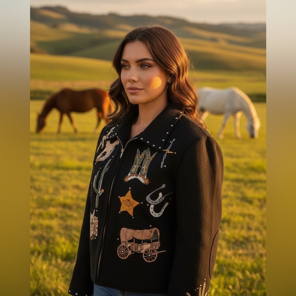 Gordon & James women's black western-themed embroidered jacket.